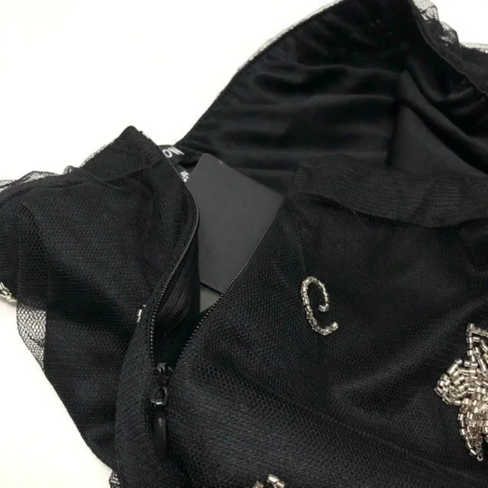 Mieeion Black Hand Beaded Intricate Boho Floral Mini Skirt Size S NWT